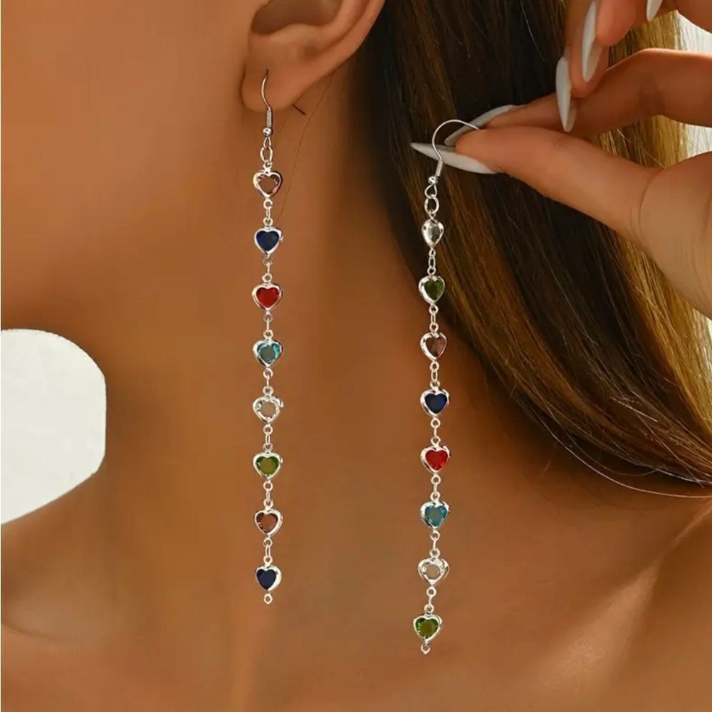 Silver Multicolor Rhinestone Heart Dangle Earrings - Picture 1 of 3